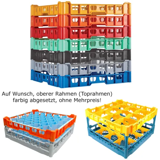 Beispiel fr hochwertige Glserkrbe aus dem FriesRack System mit optional farblich abgesetzten Toprahmen - ideal fr Gastronomie, Hotels und Catering. Perfekt zur Organisation und schnellen Identifikation.