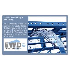 Efficient Wash Design PLUS (EWD+) - Weiterentwicklung des EWD-Systems mit patentierter Wasserstrahlumlenkung fr optimale Reinigung kritischer Bereiche. Die innovative Bodenstruktur und przisere Wasserfhrung sorgen fr optimale Splergebnisse